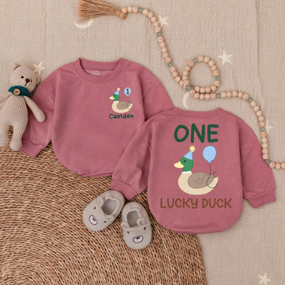 Personalized One Lucky Duck Baby Romper - Cute Mallard Duck Baby Clothes for First Birthday, Trending Animal Gift