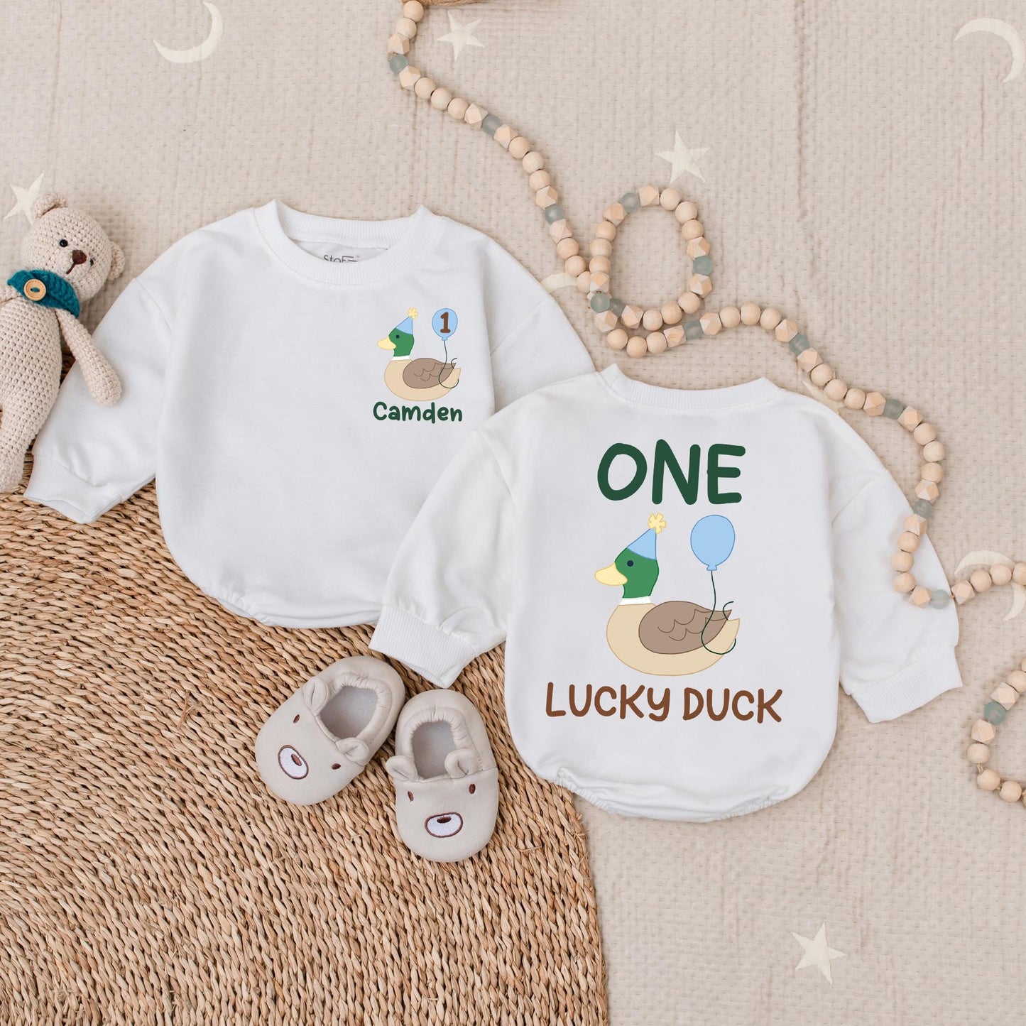 Personalized One Lucky Duck Baby Romper - Cute Mallard Duck Baby Clothes for First Birthday, Trending Animal Gift
