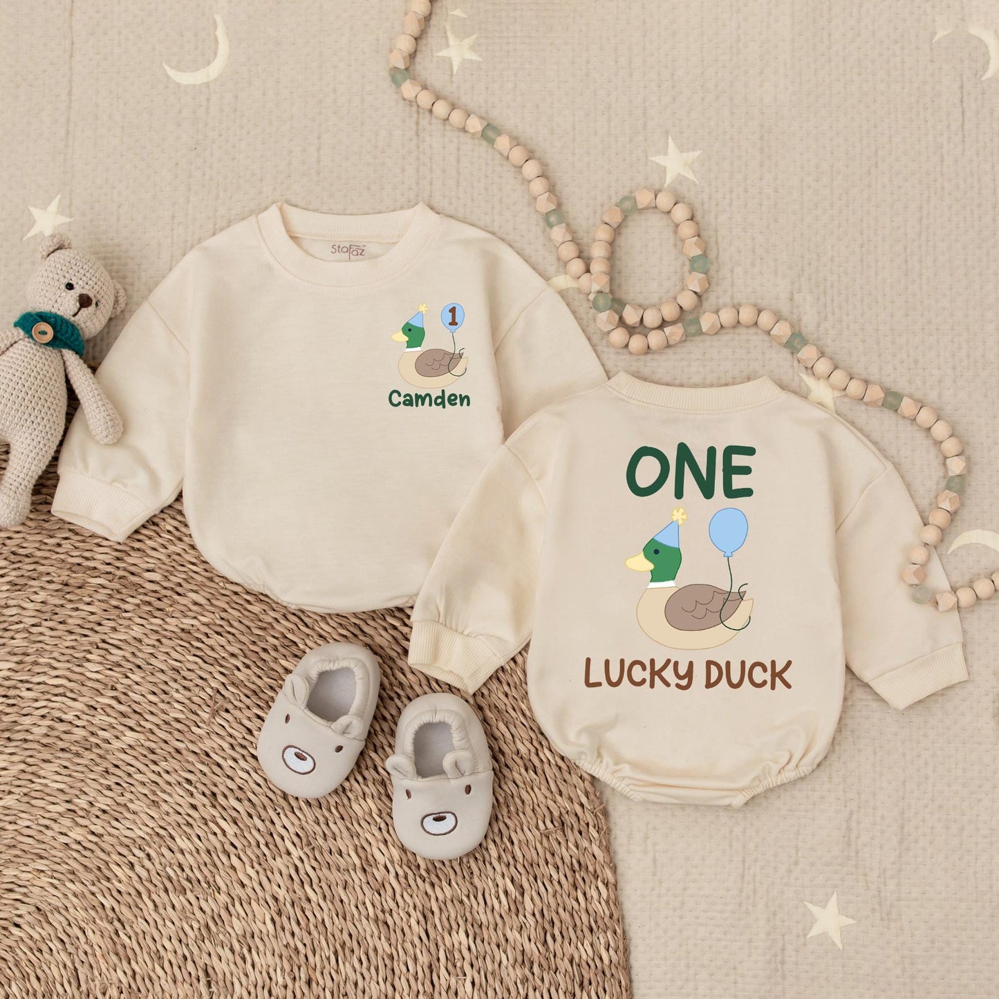 Personalized One Lucky Duck Baby Romper - Cute Mallard Duck Baby Clothes for First Birthday, Trending Animal Gift