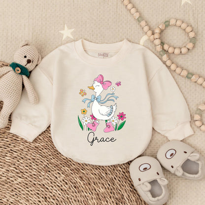 Pink Goose Baby Girl Romper, Spring Floral Design, Newborn Gift, Coming Home Outfit, Funny Animal Clothes, Goose Bay Style