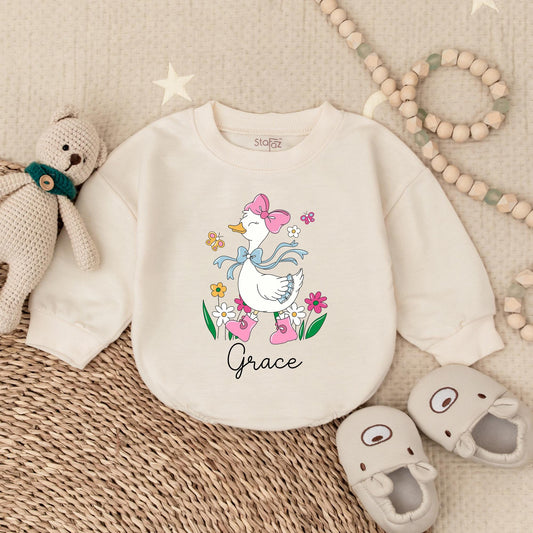 Pink Goose Baby Girl Romper, Spring Floral Design, Newborn Gift, Coming Home Outfit, Funny Animal Clothes, Goose Bay Style