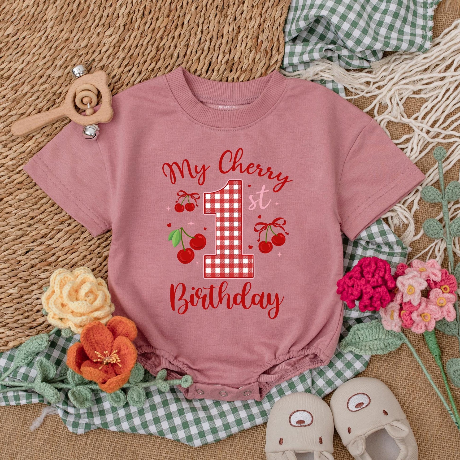 Sweet One Cherry 1st Birthday Outfit Baby Girl Bubble Romper Bodysuit Set with Pink Bow Adorable First Birthday Clothes Baby Shower Gift 136
