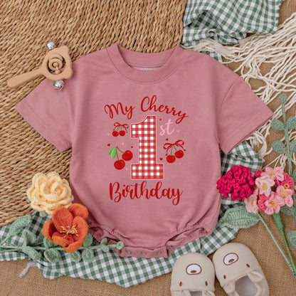 Sweet One Cherry 1st Birthday Outfit Baby Girl Bubble Romper Bodysuit Set with Pink Bow Adorable First Birthday Clothes Baby Shower Gift 136
