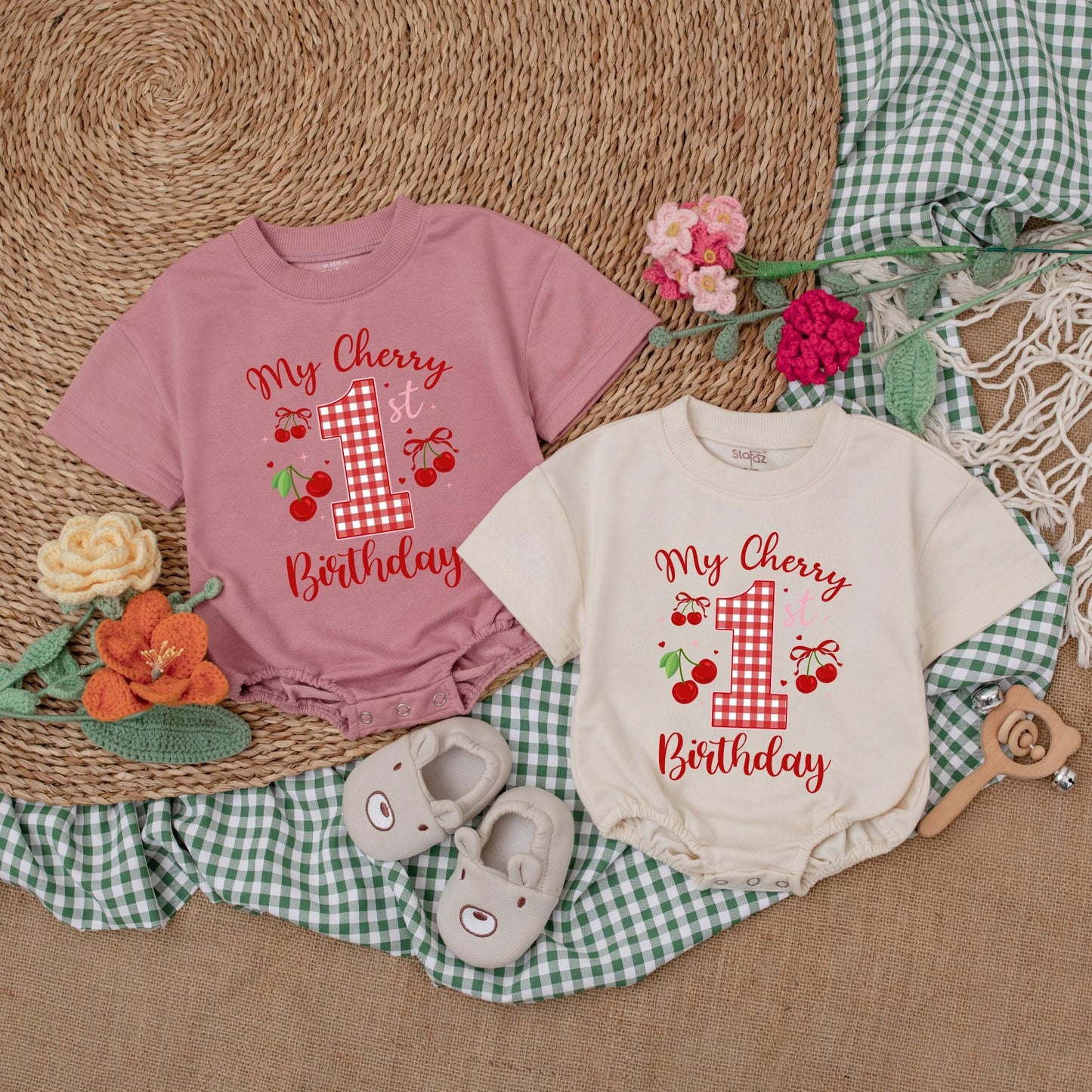 Sweet One Cherry 1st Birthday Outfit Baby Girl Bubble Romper Bodysuit Set with Pink Bow Adorable First Birthday Clothes Baby Shower Gift 136