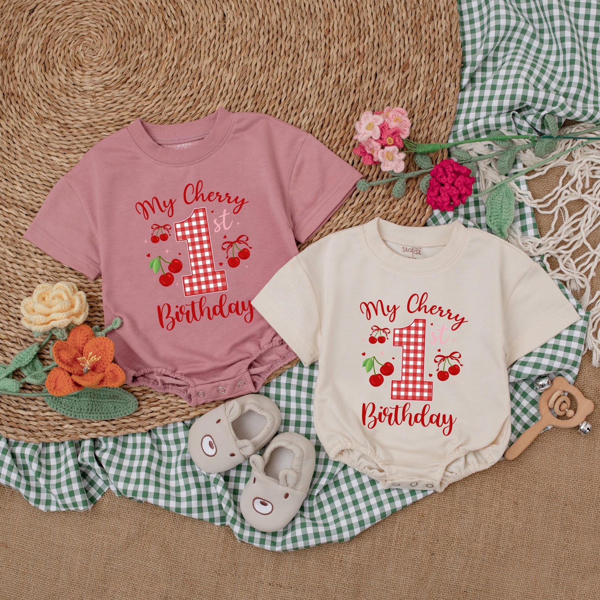 Sweet One Cherry 1st Birthday Outfit Baby Girl Bubble Romper Bodysuit Set with Pink Bow Adorable First Birthday Clothes Baby Shower Gift 136