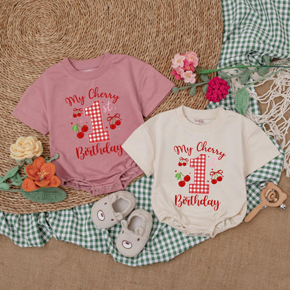 Sweet One Cherry 1st Birthday Outfit Baby Girl Bubble Romper Bodysuit Set with Pink Bow Adorable First Birthday Clothes Baby Shower Gift 136