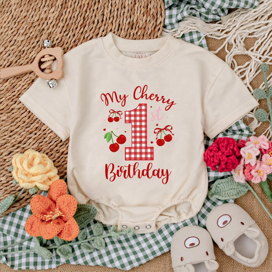 Sweet One Cherry 1st Birthday Outfit Baby Girl Bubble Romper Bodysuit Set with Pink Bow Adorable First Birthday Clothes Baby Shower Gift 136