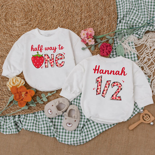Personalized Berry Half Way To One Romper 6 Months Baby Girl Birthday Outfit Strawberry Theme Bodysuit Sweet Half Birthday Gift