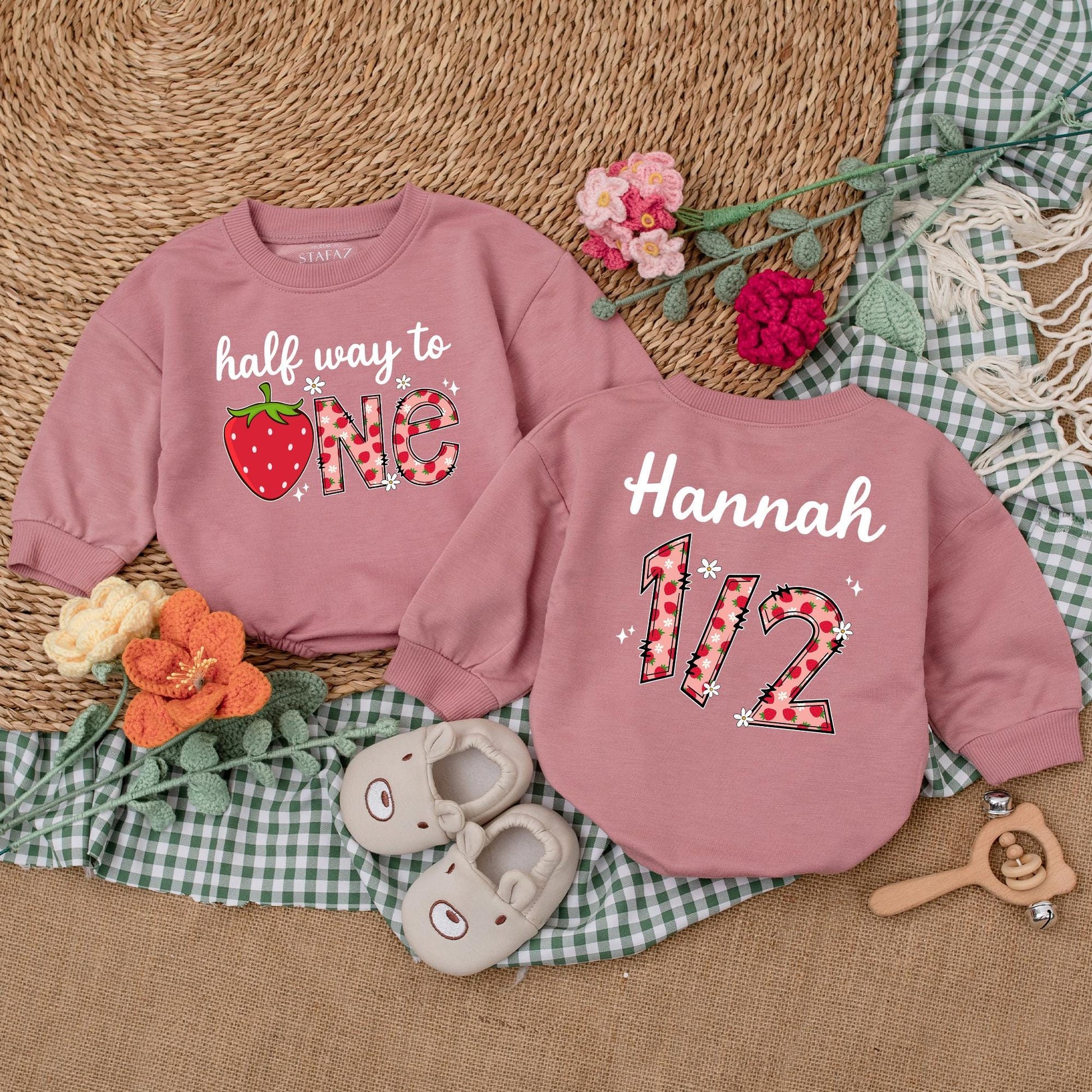 Personalized Berry Half Way To One Romper 6 Months Baby Girl Birthday Outfit Strawberry Theme Bodysuit Sweet Half Birthday Gift