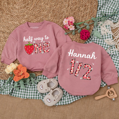 Personalized Berry Half Way To One Romper 6 Months Baby Girl Birthday Outfit Strawberry Theme Bodysuit Sweet Half Birthday Gift