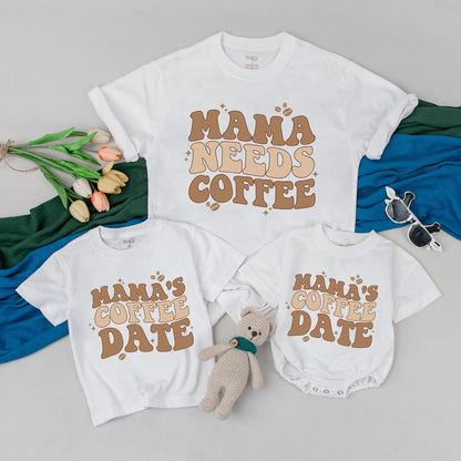 Personalized Mama Needs Coffee and Baby’s Coffee Date Matching Shirts Mom Mini Outfit New Mom Gift Mothers Day Tee Comfortable Cotton