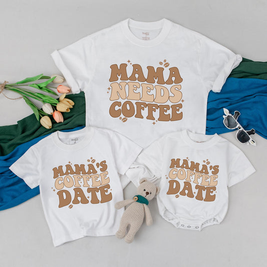 Personalized Mama Needs Coffee and Baby’s Coffee Date Matching Shirts Mom Mini Outfit New Mom Gift Mothers Day Tee Comfortable Cotton