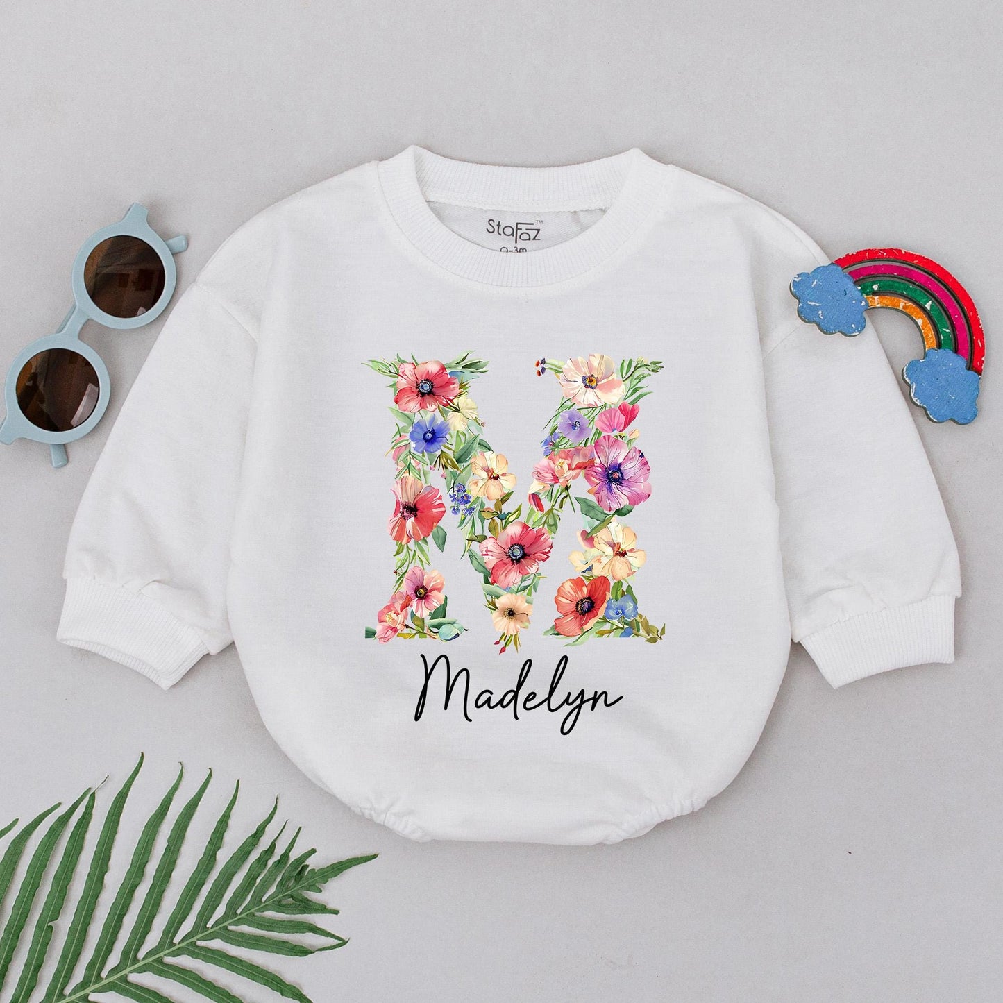 Baby Girl Romper Personalized Floral Letter M & Name Madelyn Newborn Going Home Outfit Custom Infant Shower Gift