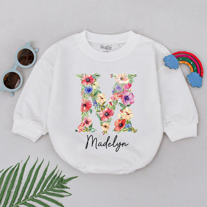 Baby Girl Romper Personalized Floral Letter M & Name Madelyn Newborn Going Home Outfit Custom Infant Shower Gift