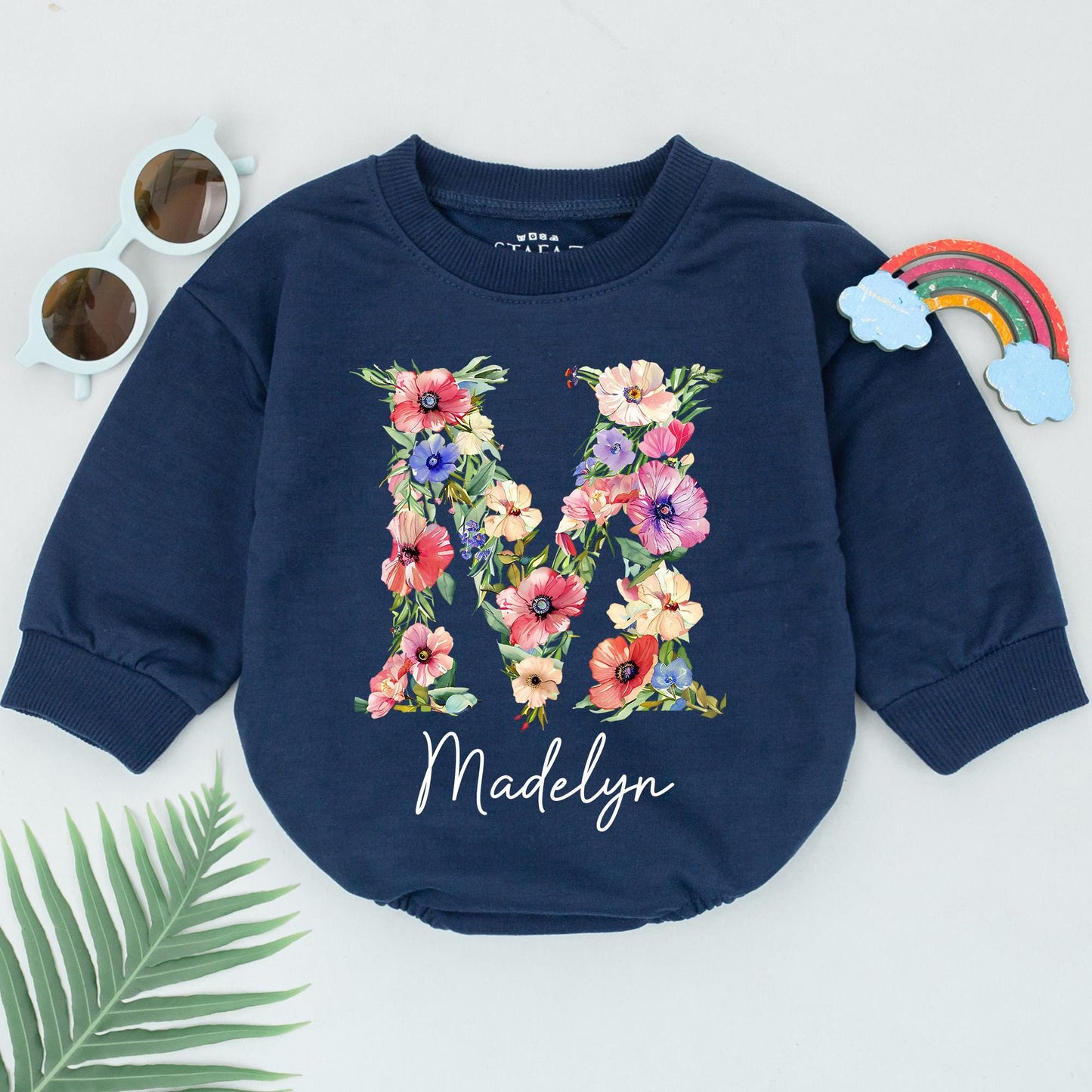 Baby Girl Romper Personalized Floral Letter M & Name Madelyn Newborn Going Home Outfit Custom Infant Shower Gift