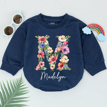 Baby Girl Romper Personalized Floral Letter M & Name Madelyn Newborn Going Home Outfit Custom Infant Shower Gift