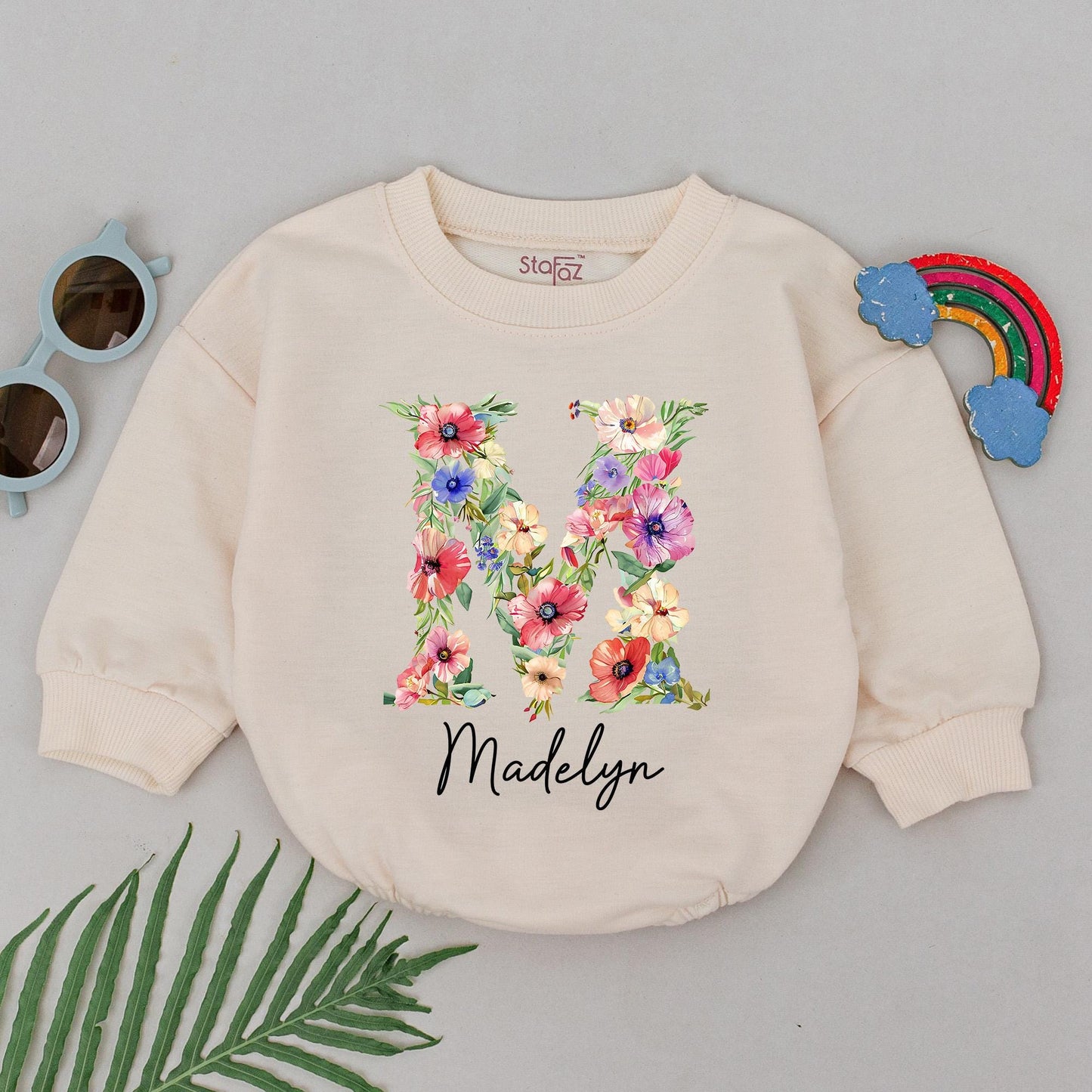 Baby Girl Romper Personalized Floral Letter M & Name Madelyn Newborn Going Home Outfit Custom Infant Shower Gift