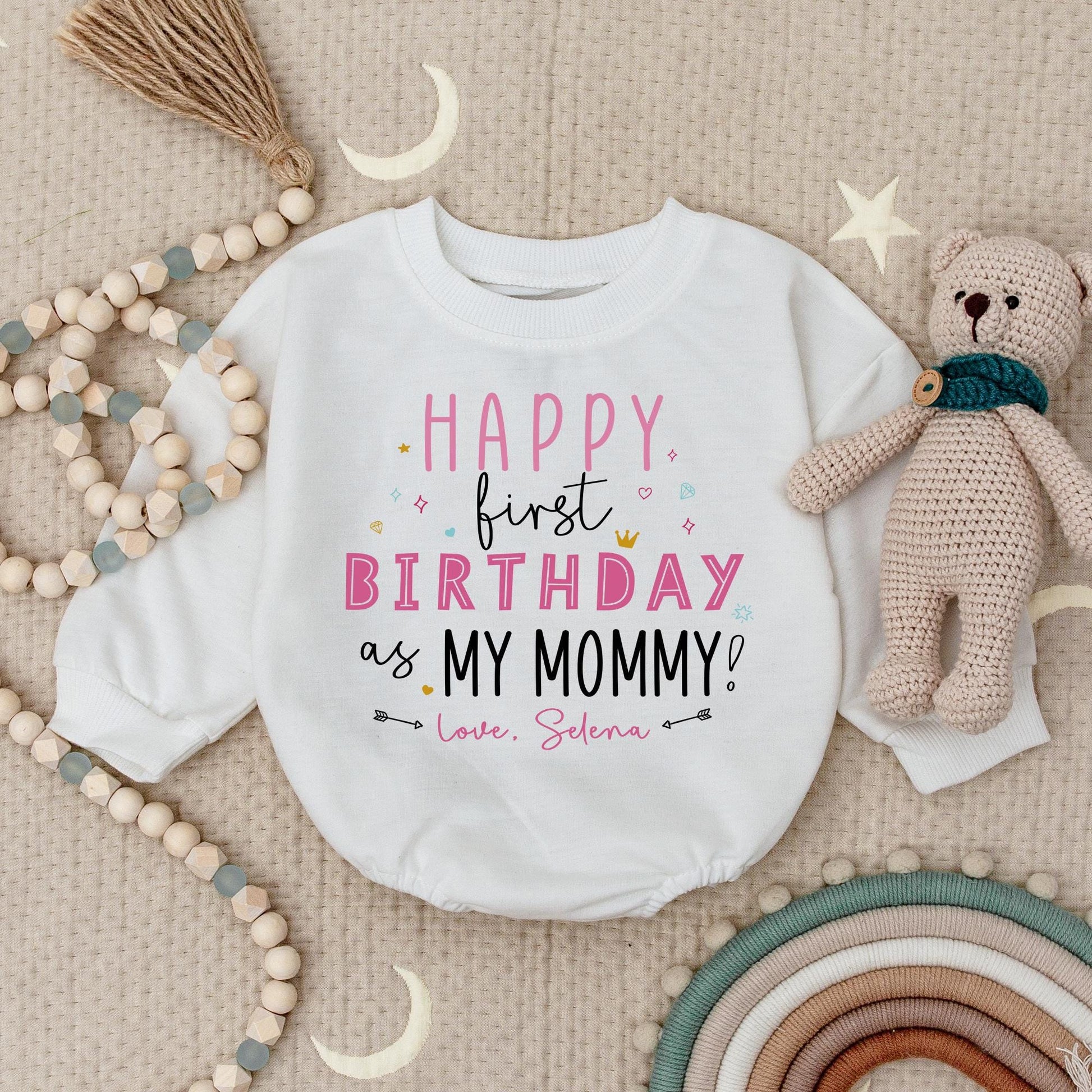 Happy 1st Birthday as my Mommy Baby Romper, Selena's First Birthday Outfit, Cute Birthday Girl Bodysuit, Mommy's Gift, Star & Hearts Design (137 chars)