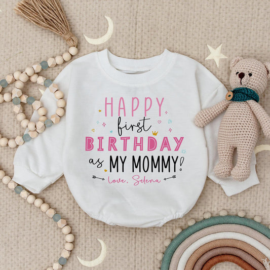 Happy 1st Birthday as my Mommy Baby Romper, Selena's First Birthday Outfit, Cute Birthday Girl Bodysuit, Mommy's Gift, Star & Hearts Design (137 chars)