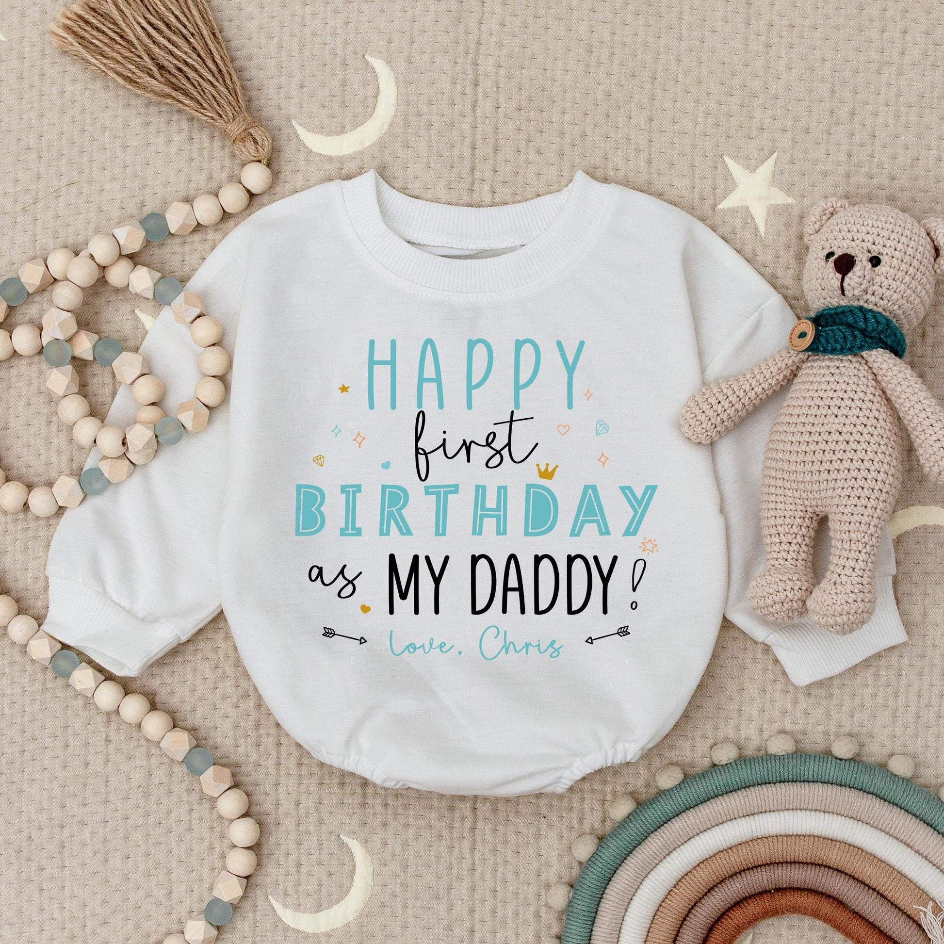 Happy 1st Birthday Daddy Baby Boy Romper - Teal & Black Design with 'Love, Chris' Cute Birthday Gift for Dad! Personalized Bodysuit Outfit
