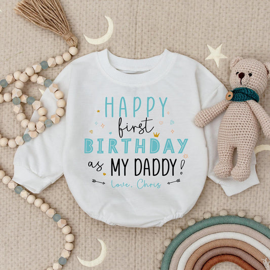 Happy 1st Birthday Daddy Baby Boy Romper - Teal & Black Design with 'Love, Chris' Cute Birthday Gift for Dad! Personalized Bodysuit Outfit