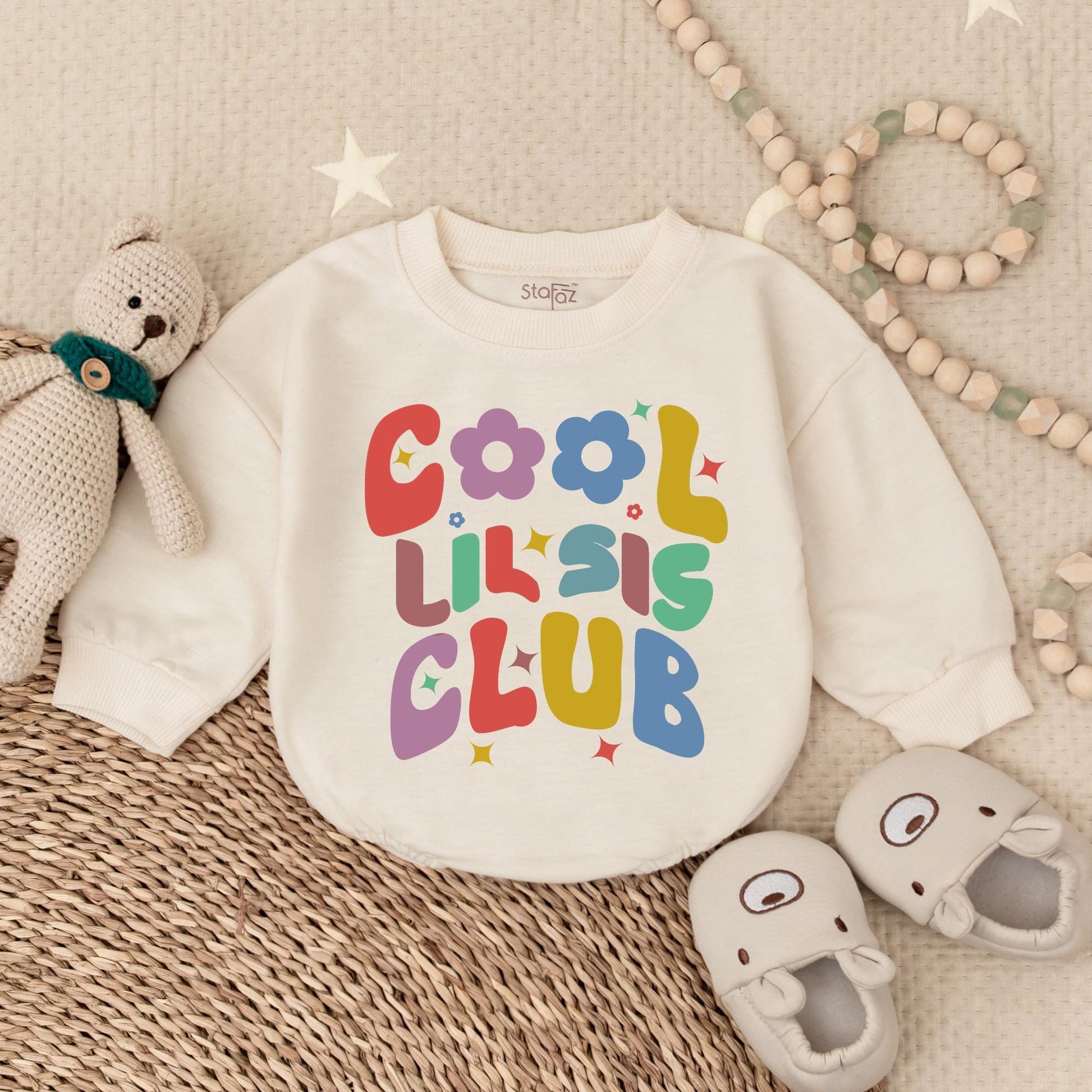 Cool Lil Sis Club Baby Romper with Floral Design - Little Sister Clothes Birthday Gift Baby Shower Gift for Newborn Girls, Bubble Romper Outfit