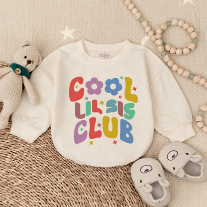 Cool Lil Sis Club Baby Romper with Floral Design - Little Sister Clothes Birthday Gift Baby Shower Gift for Newborn Girls, Bubble Romper Outfit