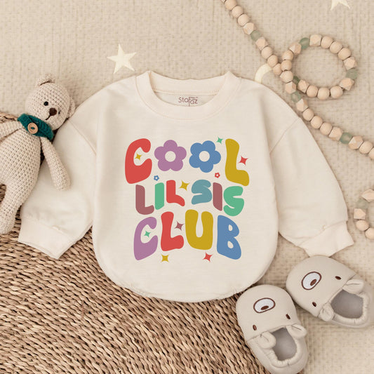 Cool Lil Sis Club Baby Romper with Floral Design - Little Sister Clothes Birthday Gift Baby Shower Gift for Newborn Girls, Bubble Romper Outfit