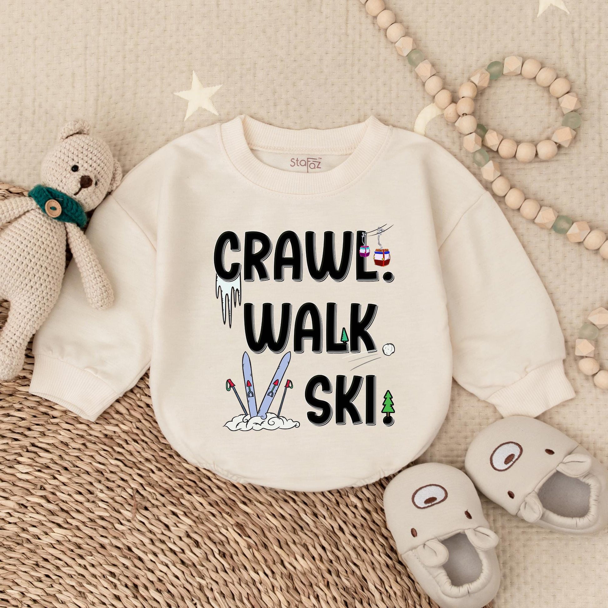 Crawl Walk Ski Baby Romper Sweatshirt – Funny Baby Skiing Outfit – Perfect for Winter – Customizable Baby Sweatshirt for Skiing Families