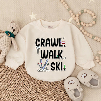 Crawl Walk Ski Baby Romper Sweatshirt – Funny Baby Skiing Outfit – Perfect for Winter – Customizable Baby Sweatshirt for Skiing Families