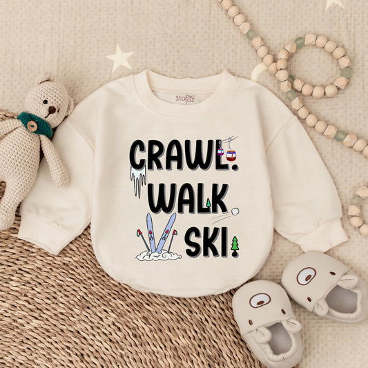 Crawl Walk Ski Baby Romper Sweatshirt – Funny Baby Skiing Outfit – Perfect for Winter – Customizable Baby Sweatshirt for Skiing Families