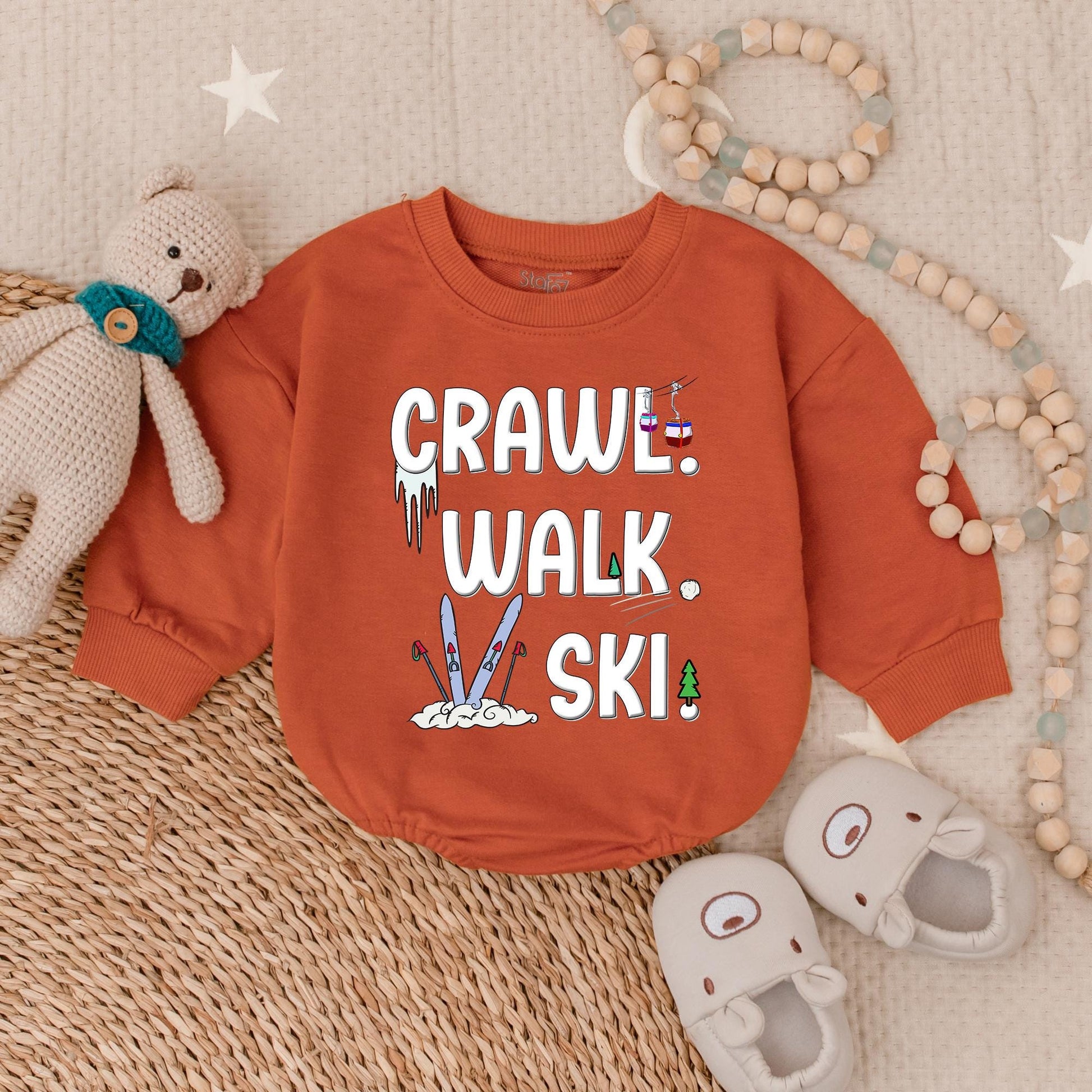 Crawl Walk Ski Baby Romper Sweatshirt – Funny Baby Skiing Outfit – Perfect for Winter – Customizable Baby Sweatshirt for Skiing Families
