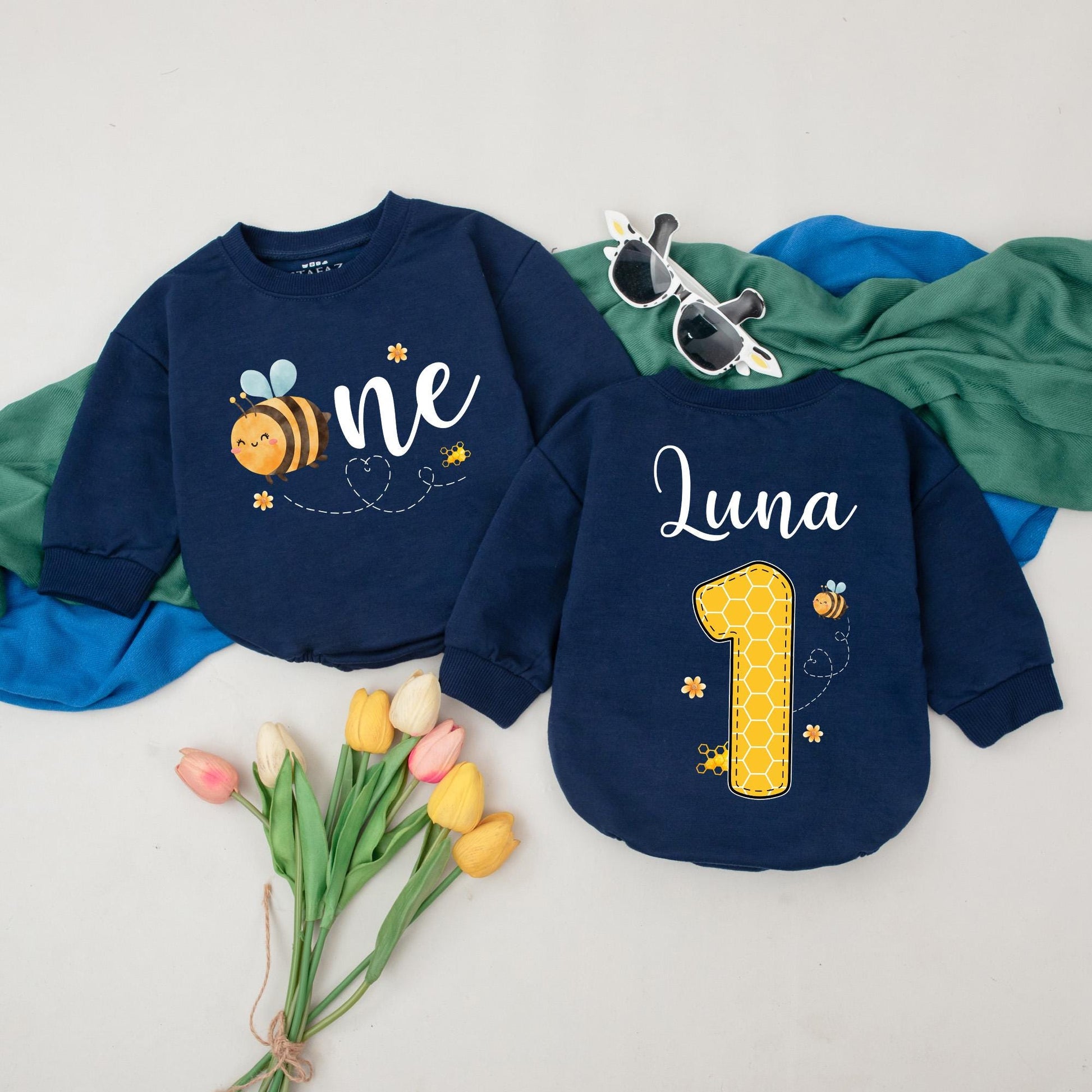 Sweet Bee First Birthday Romper, Personalized Bumble Bee Outfit, Custom Name 1st Bee Day Bodysuit, Infant Girl or Boy, Honey Bee Party Gift (140 chars)