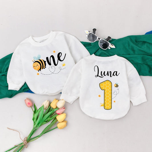 Sweet Bee First Birthday Romper, Personalized Bumble Bee Outfit, Custom Name 1st Bee Day Bodysuit, Infant Girl or Boy, Honey Bee Party Gift (140 chars)