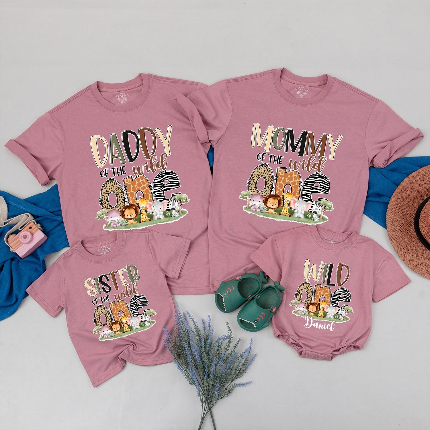 Personalized Wild One Family Matching Safari Birthday Shirts Cute Jungle Animal Prints 1st Birthday Celebration Outfit Daniel