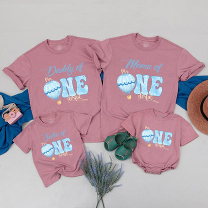 Little Mr Onederful Blue Air Balloon Birthday Shirt for Boys First Birthday Party Outfit Mr One Derful Tee
