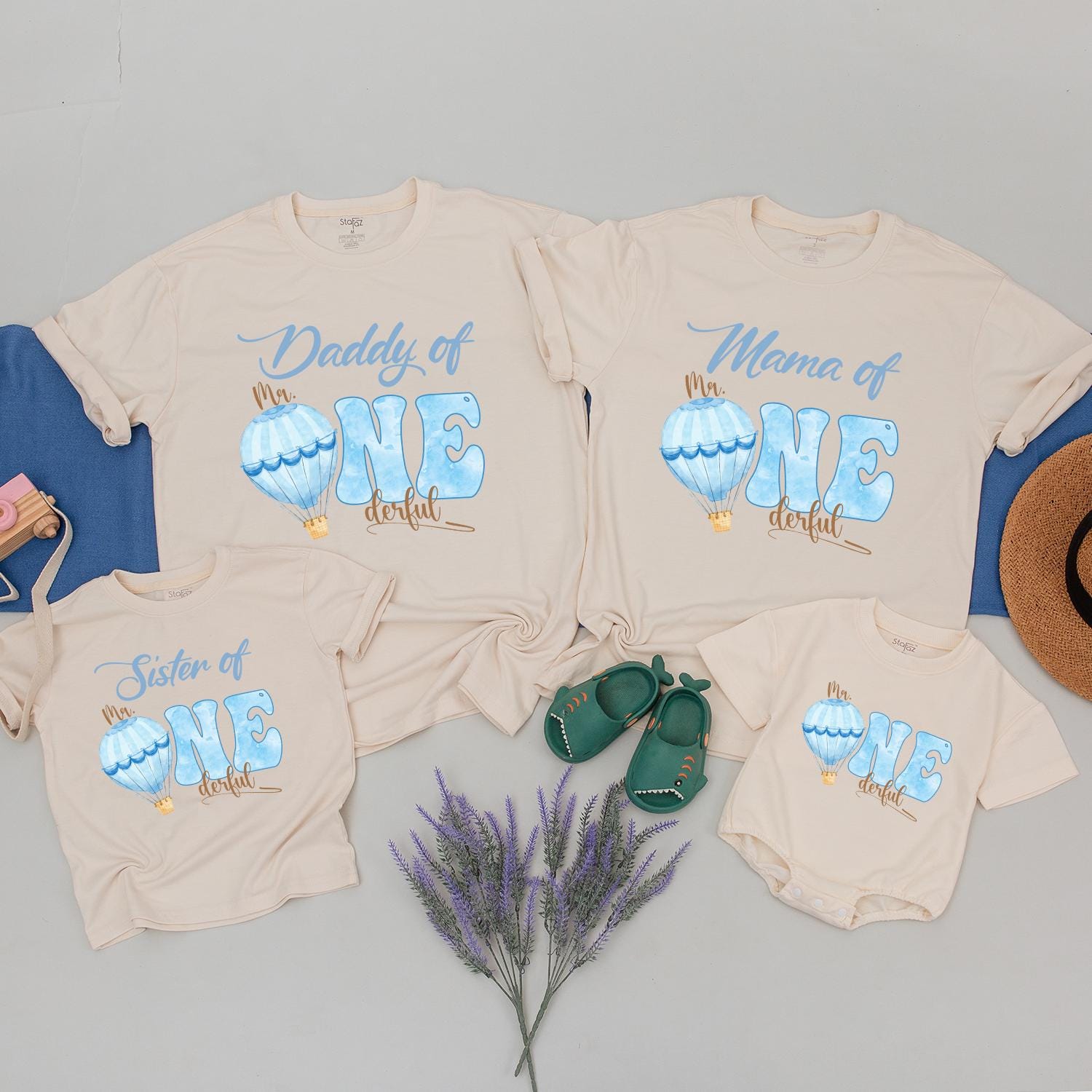 Little Mr Onederful Blue Air Balloon Birthday Shirt for Boys First Birthday Party Outfit Mr One Derful Tee