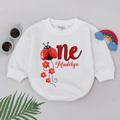 Personalized Ladybug First Birthday Romper, Custom Name One Year Old Outfit, Red Bug Party Clothes, Baby Girl Romper, Adorable 1st Birthday Gift