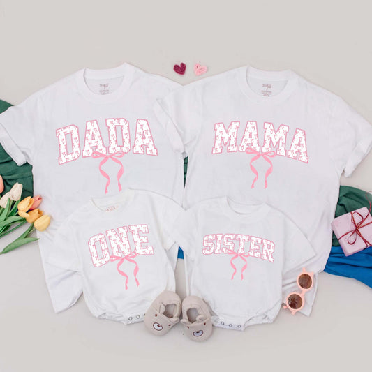 Personalized Matching Family Pink Bow First Birthday Girl T-Shirts Comfortable Soft Cotton Party Gift Outfits for Mom Dad Baby Girl