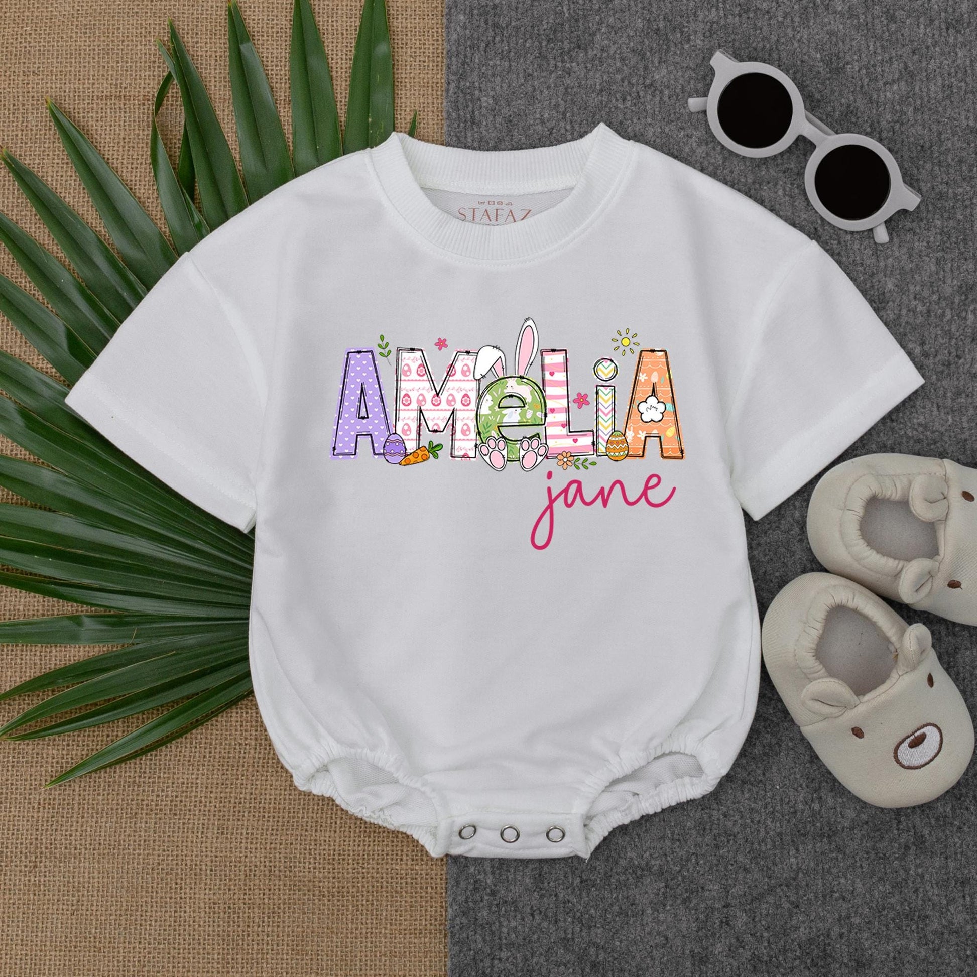 Personalized Bunny Baby Romper for Easter, Custom Name Sweatshirt Bodysuit, Baby Girl's First Easter Outfit, Birthday Gift