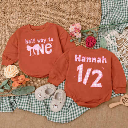 Personalized Pink Bow Half Birthday Girl Romper 6 Months Old Half Way to One Baby Bodysuit Outfit Cute Infant Gift