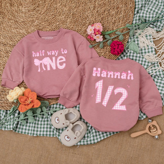 Personalized Pink Bow Half Birthday Girl Romper 6 Months Old Half Way to One Baby Bodysuit Outfit Cute Infant Gift
