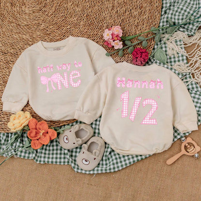 Personalized Pink Bow Half Birthday Girl Romper 6 Months Old Half Way to One Baby Bodysuit Outfit Cute Infant Gift