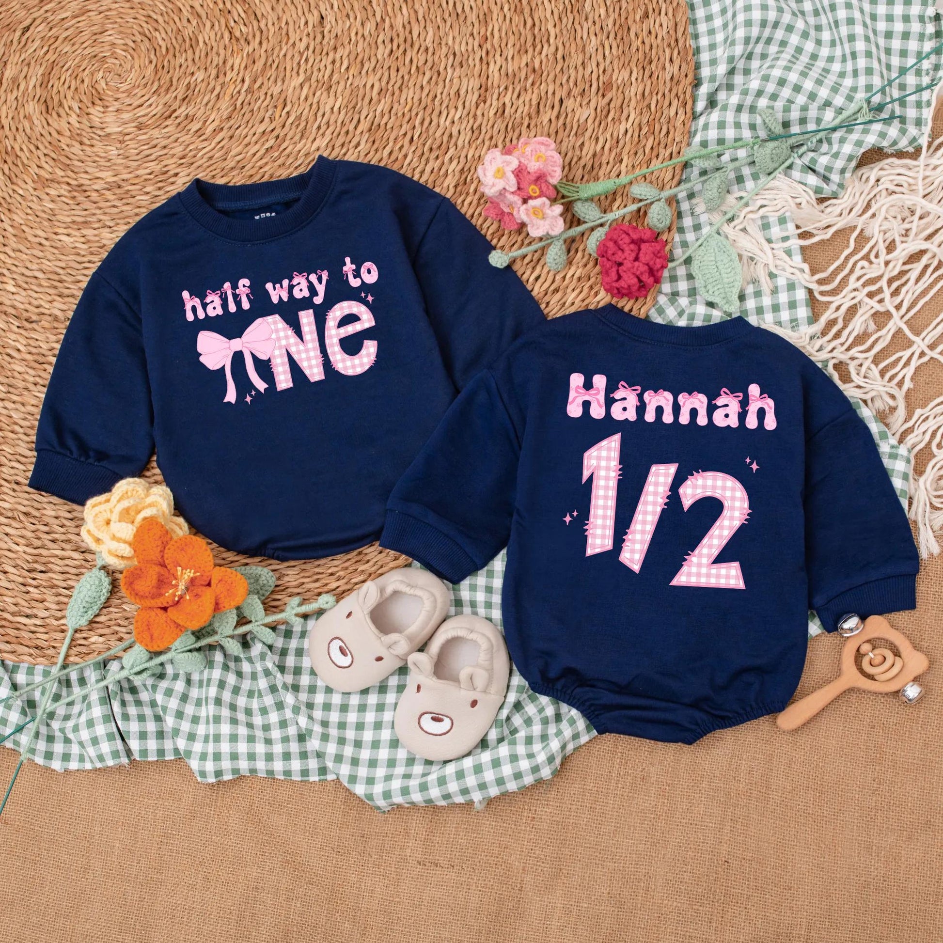Personalized Pink Bow Half Birthday Girl Romper 6 Months Old Half Way to One Baby Bodysuit Outfit Cute Infant Gift
