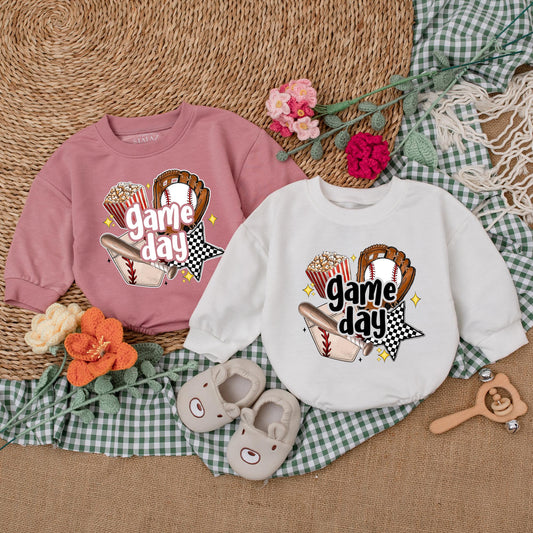 Game Day Baseball Baby Romper Bubble Outfit, Baseball Season Bodysuit, Baby Boy's 1st Birthday Gift, Retro Baseball Baby Shower Gift