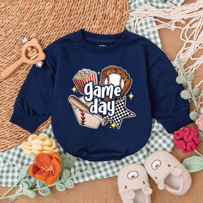 Game Day Baseball Baby Romper Bubble Outfit, Baseball Season Bodysuit, Baby Boy's 1st Birthday Gift, Retro Baseball Baby Shower Gift
