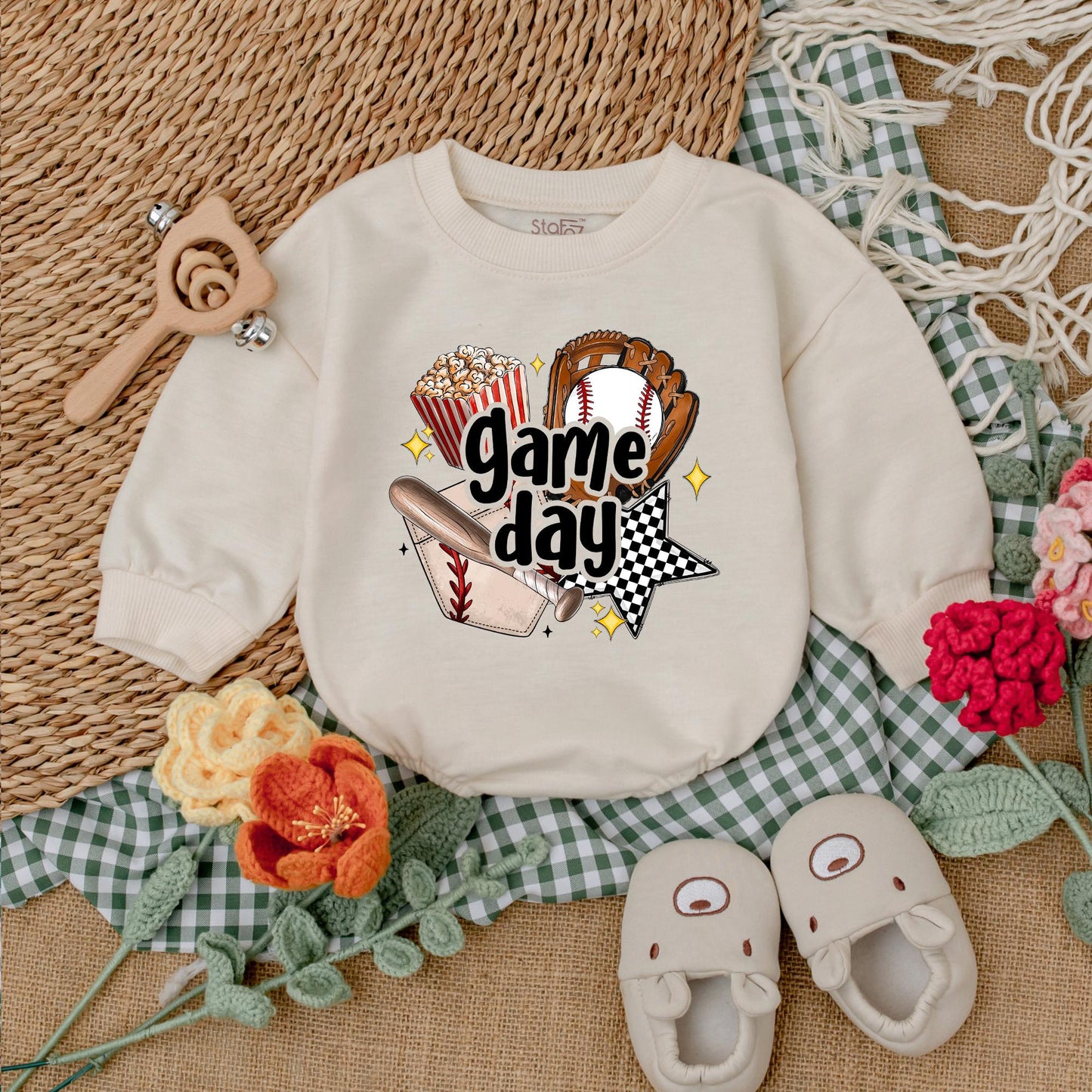 Game Day Baseball Baby Romper Bubble Outfit, Baseball Season Bodysuit, Baby Boy's 1st Birthday Gift, Retro Baseball Baby Shower Gift