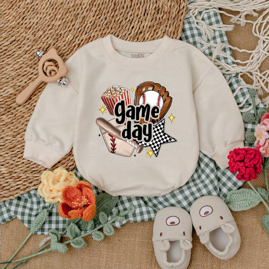 Game Day Baseball Baby Romper Bubble Outfit, Baseball Season Bodysuit, Baby Boy's 1st Birthday Gift, Retro Baseball Baby Shower Gift