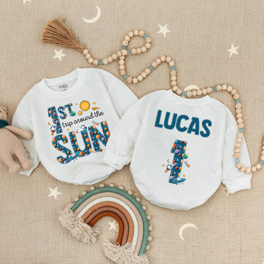 Outer Space "1ST Trip Around The SUN" Baby Romper, Lucas 1st Birthday Blast Off Party Suit, Planets Stars Spaceships Fun