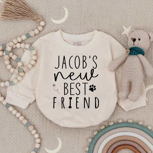 Jacob's New Best Friend Baby Bodysuit - Custom Dog Name Romper Infant Gift, Paw Print Design Newborn Outfit